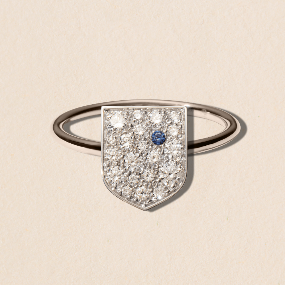 Bague blason d'or pavé diamants et saphir sur anneau - Taille L